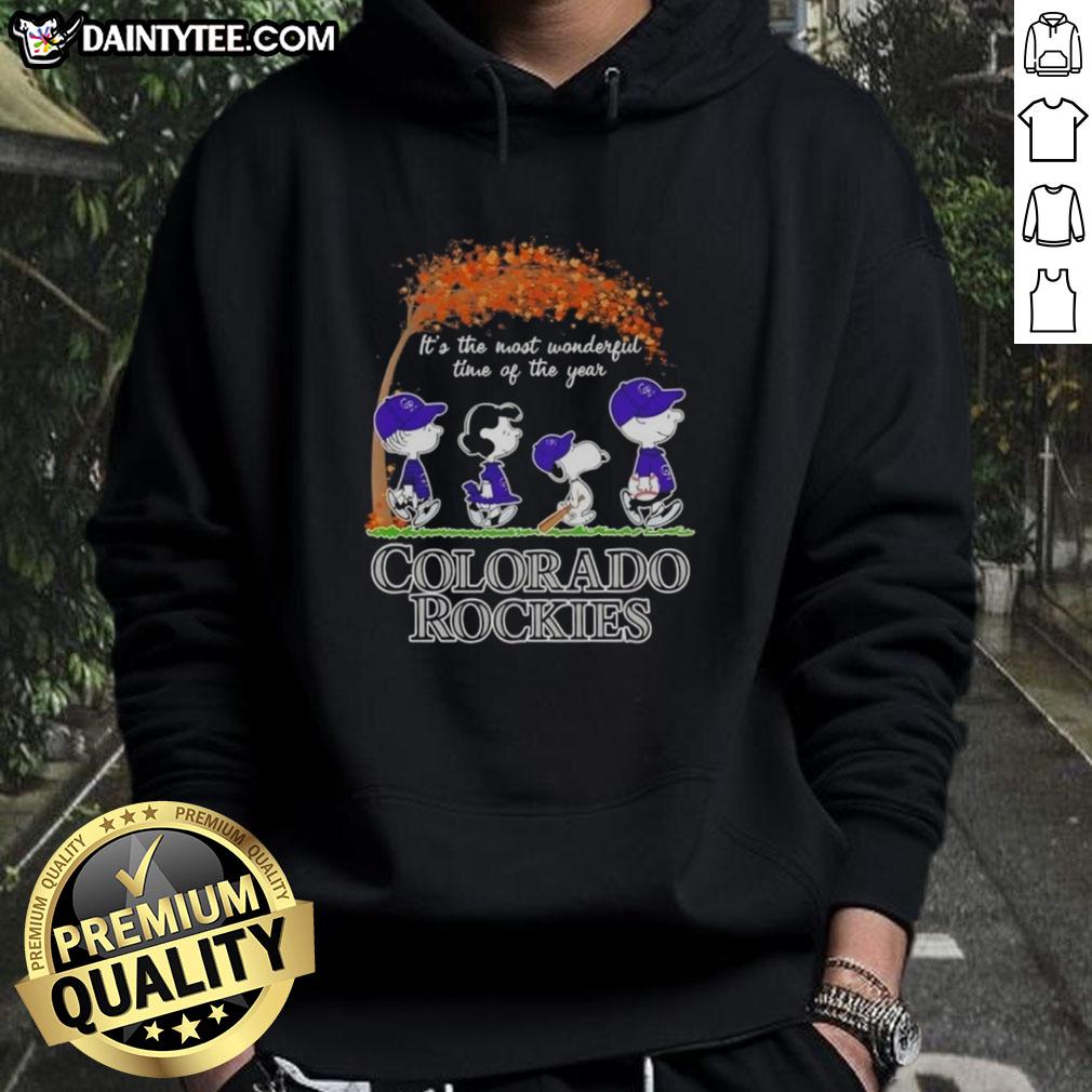 Alt Text: Premium Colorado Rockies X Peanuts Snoopy and Friends hoodie featuring autumn design, perfect for the season.