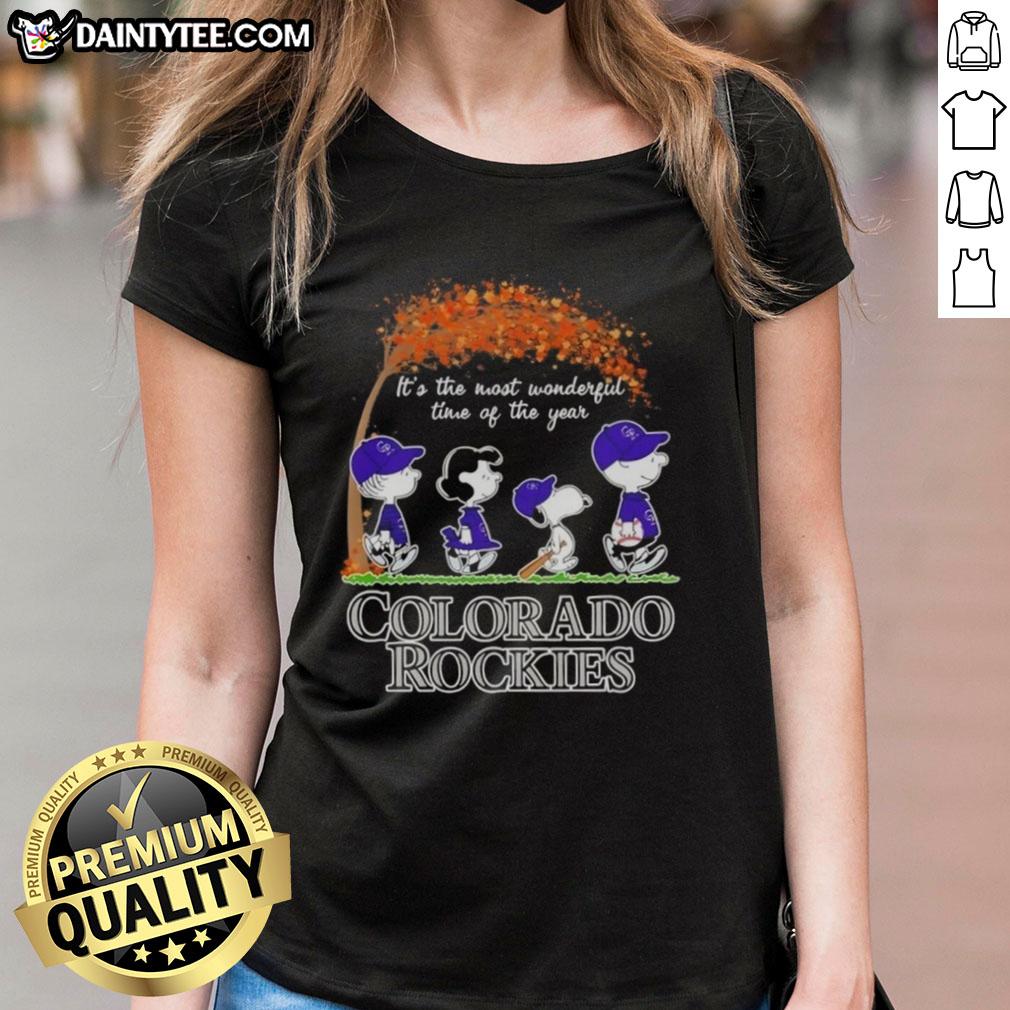 Premium Colorado Rockies X Peanuts Snoopy and Friends autumn tee for women, celebrating the most wonderful time of the year.