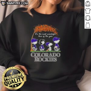 Alt Text: Premium Colorado Rockies X Peanuts Snoopy and Friends autumn sweatshirt celebrating It's The Most Wonderful Time of The Year.