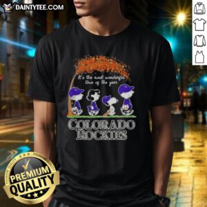 Premium Colorado Rockies X Peanuts Snoopy and Friends autumn t-shirt featuring festive design for the most wonderful time of the year.