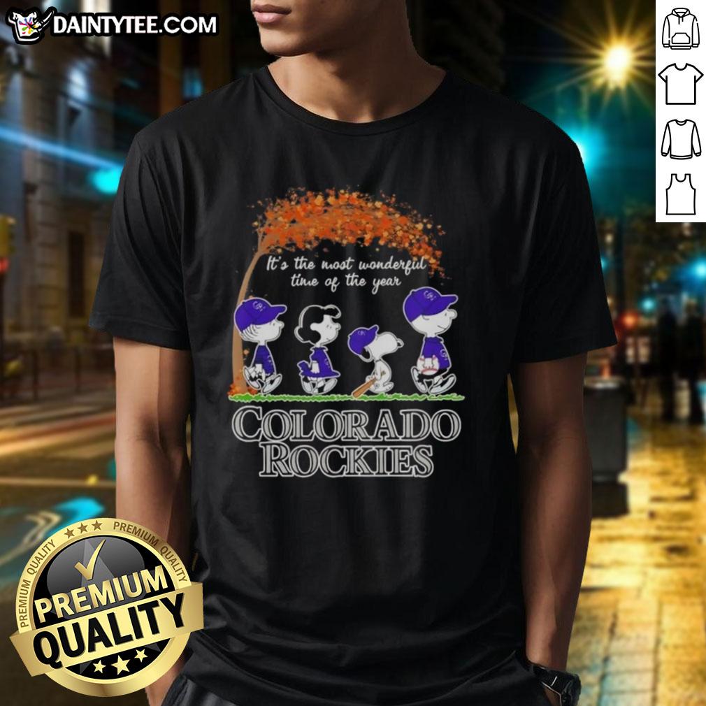 Premium Colorado Rockies X Peanuts Snoopy and Friends autumn t-shirt featuring festive design for the most wonderful time of the year.