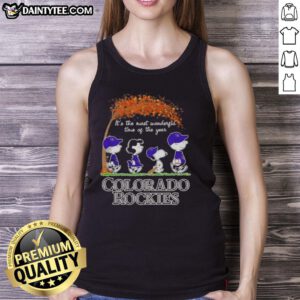 Premium Colorado Rockies tank top featuring Snoopy and friends celebrating autumn, perfect for festive seasonal style.