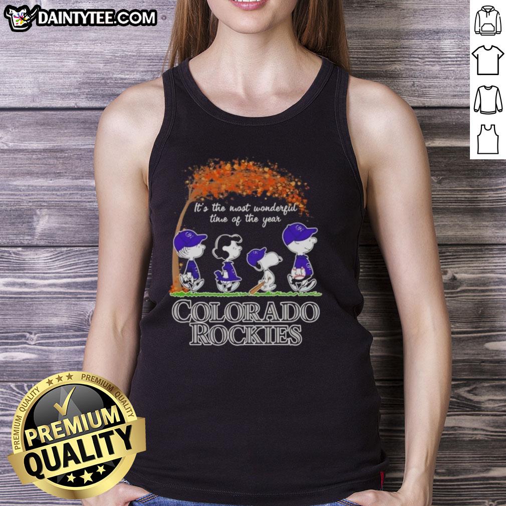 Premium Colorado Rockies tank top featuring Snoopy and friends celebrating autumn, perfect for festive seasonal style.