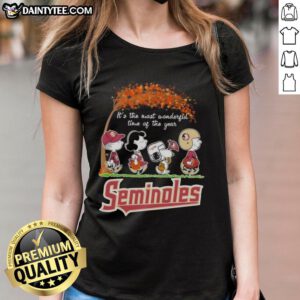 Alt Text: Premium Florida State Seminoles X Peanuts Snoopy and Friends autumn ladies tee featuring festive designs for fall.