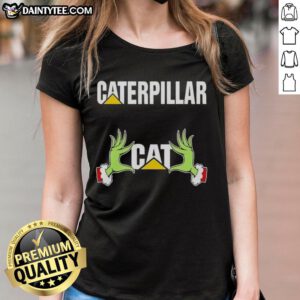 Alt Text: Premium Grinch Hands Love Caterpillar Christmas Ladies Tee featuring festive design and vibrant colors for holiday cheer.
