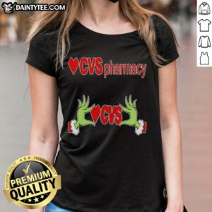 Premium Grinch Hands Love CVS Pharmacy Christmas Ladies Tee featuring festive design for holiday cheer.