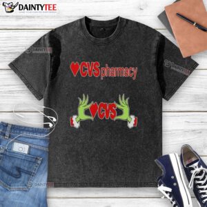 Alt Text: Premium Grinch Hands Love CVS Pharmacy Christmas Washed T-Shirt featuring festive Grinch design and cozy fit.