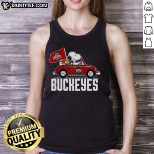 Alt Text: Premium Snoopy and Woodstock driving a car with Ohio State Buckeyes flag on a tank top, perfect for fans.