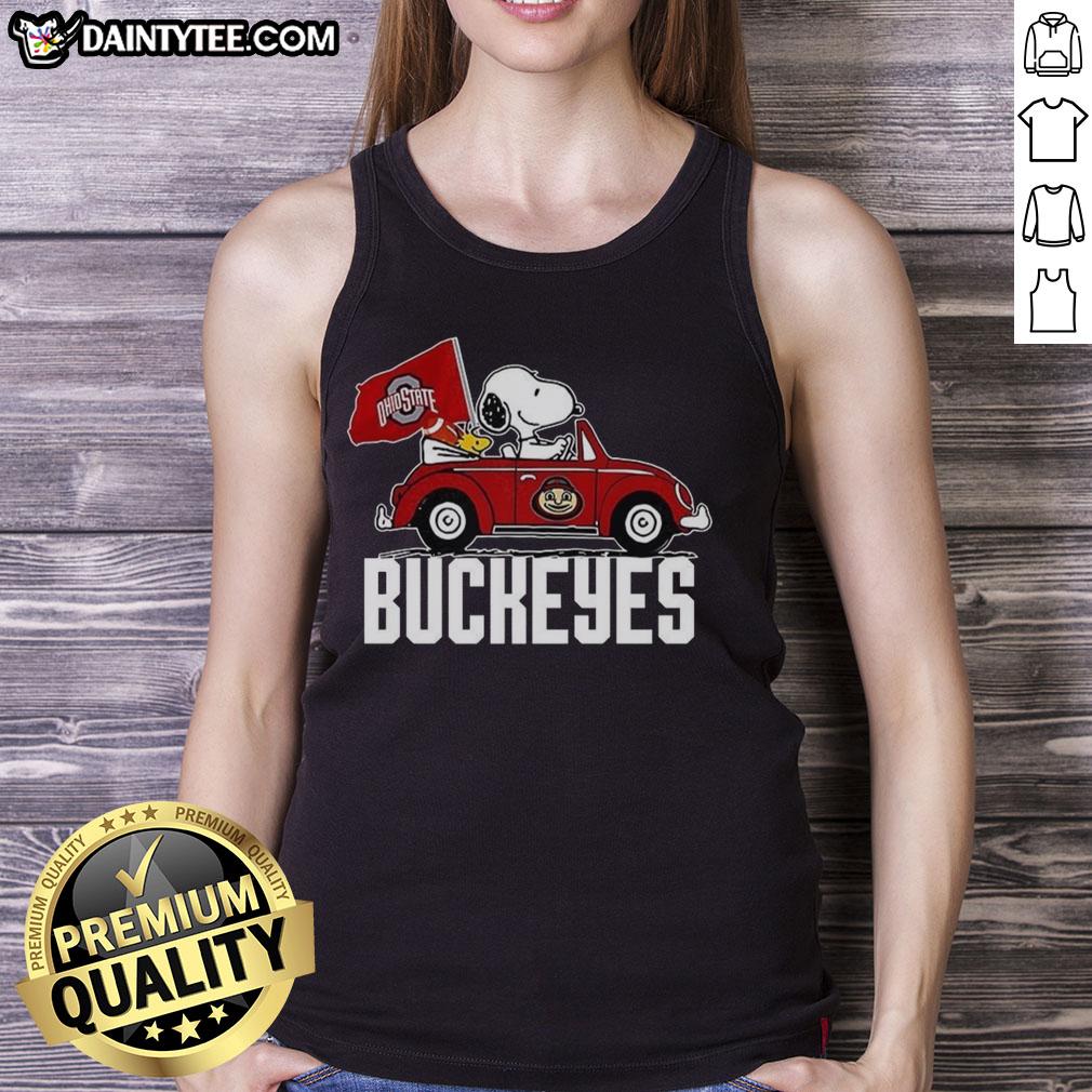 Alt Text: Premium Snoopy and Woodstock driving a car with Ohio State Buckeyes flag on a tank top, perfect for fans.