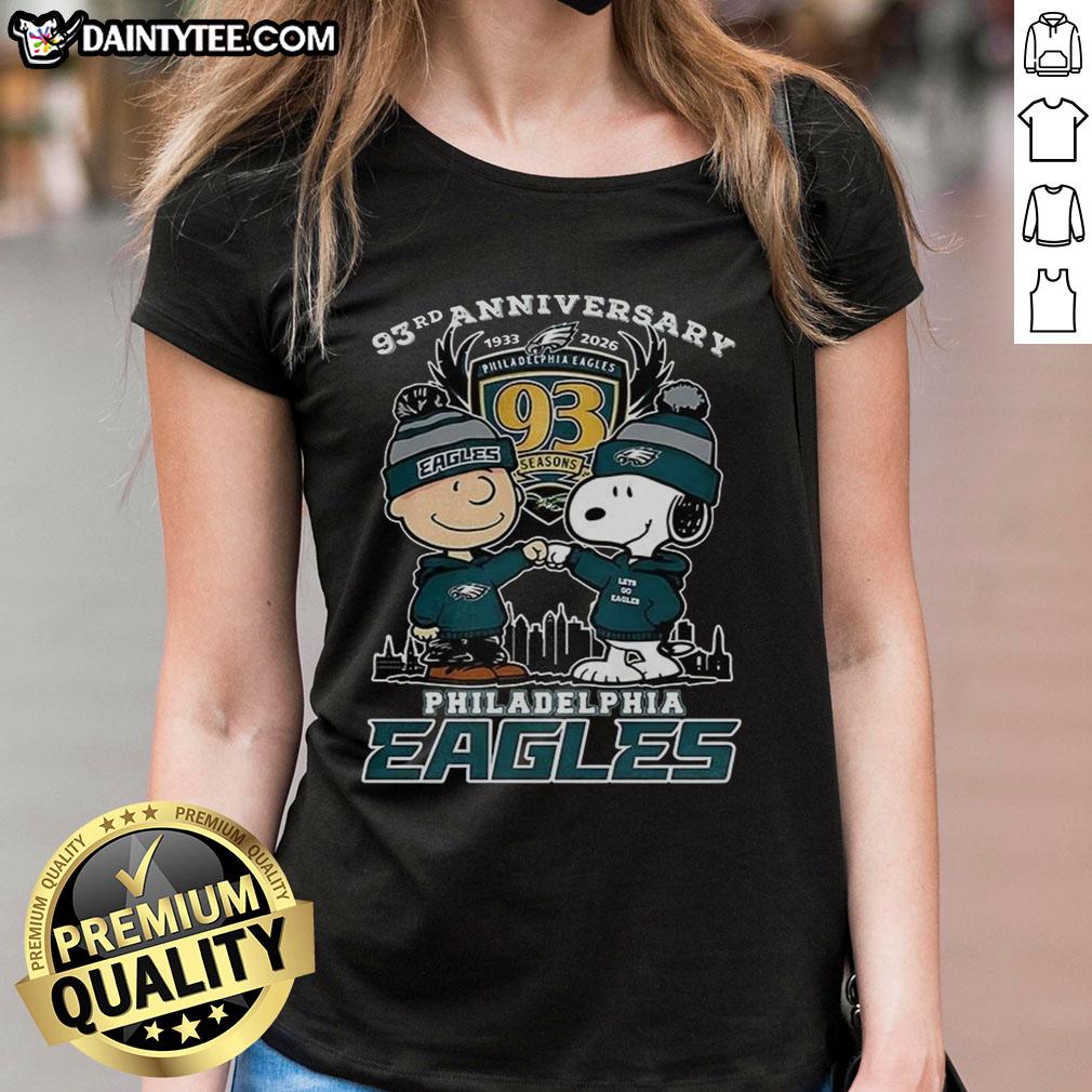 Alt Text: Premium Snoopy Touch Hands Charlie Brown Tee for Philadelphia Eagles 93rd Anniversary 1933-2026, Women's Shirt