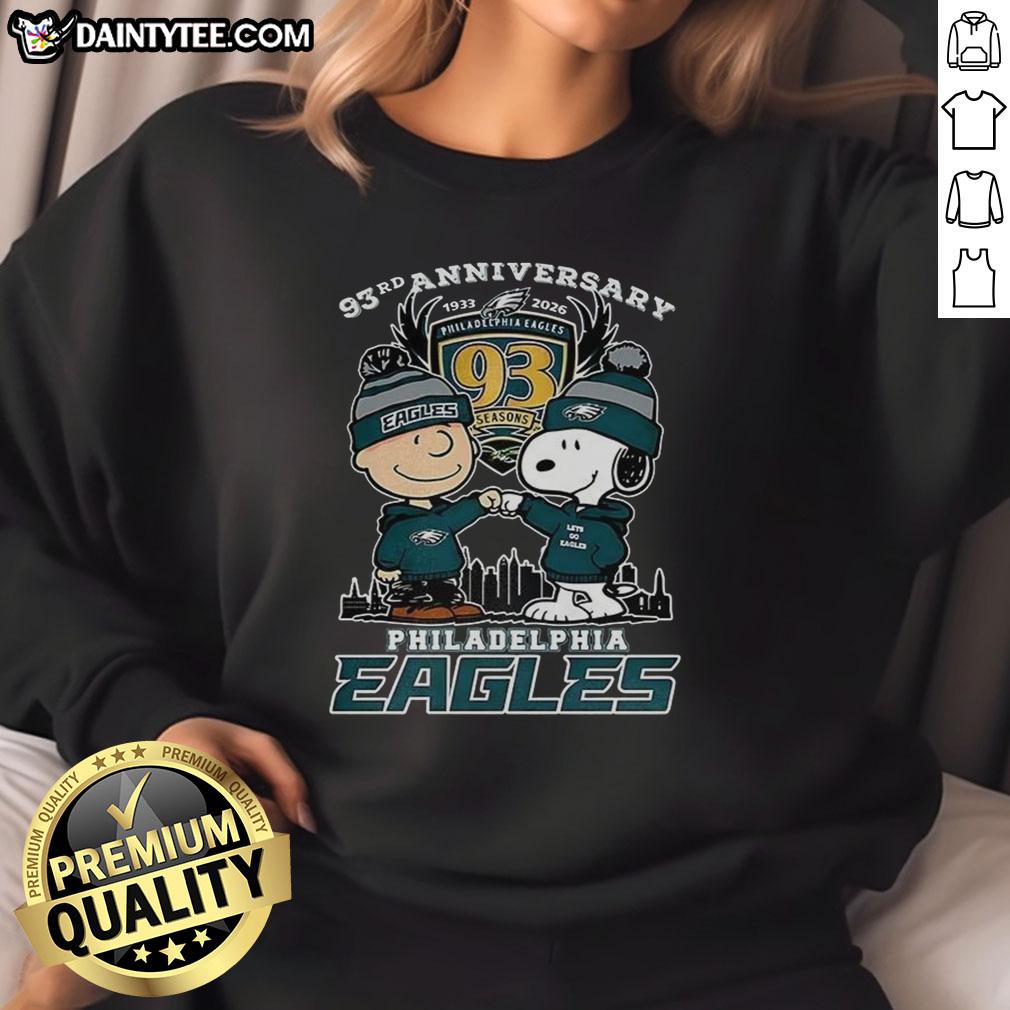 Premium Snoopy Touch Hands Charlie Brown sweatshirt celebrating Philadelphia Eagles 93rd Anniversary 1933-2026.
