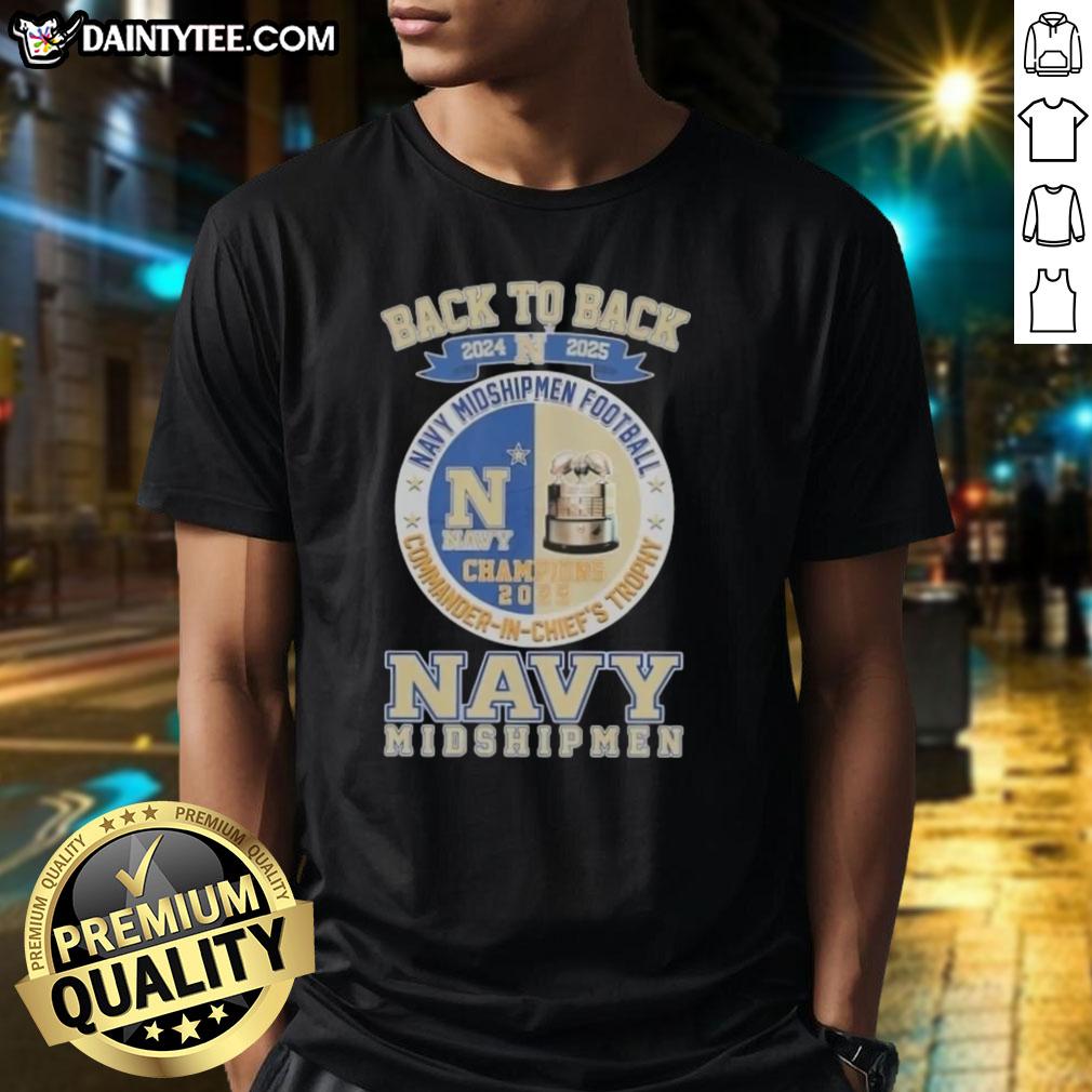 Alt Text: 2024 2025 Navy Midshipmen Football Commander-In-Chief's Trophy T-Shirt showcasing team pride and championship spirit.