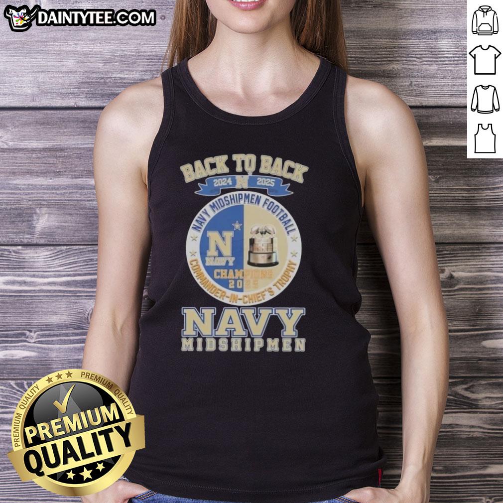 2024-2025 Navy Midshipmen football tank top celebrating back-to-back Commander in Chiefs Trophy victories.