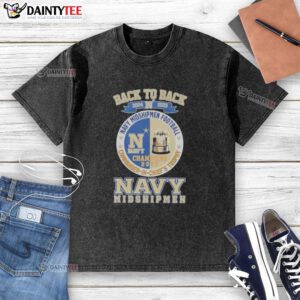 Top Back-To-Back 2024-2025 Navy Midshipmen Football Commander in Chiefs Trophy washed t-shirt displayed on a hanger.