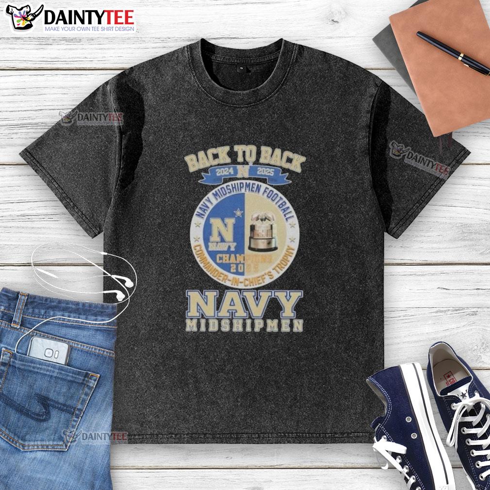 Top Back-To-Back 2024-2025 Navy Midshipmen Football Commander in Chiefs Trophy washed t-shirt displayed on a hanger.