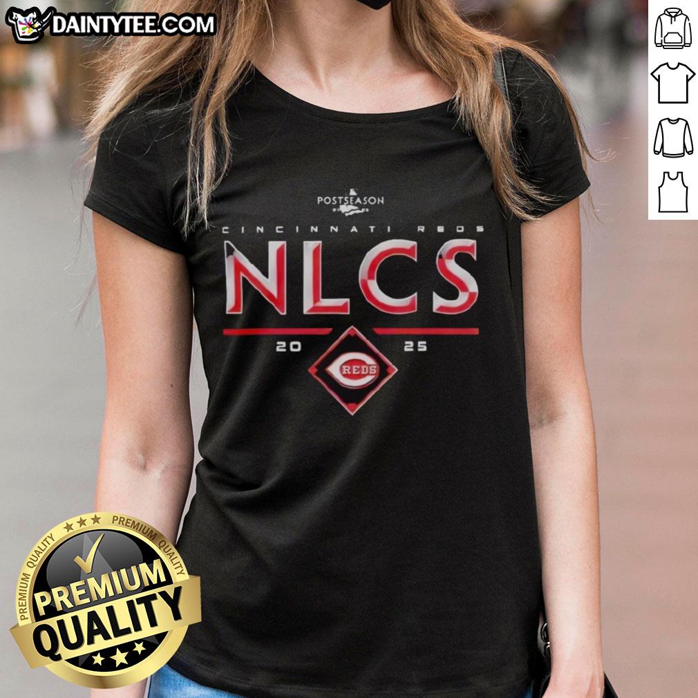 Alt Text: Cincinnati Reds 2025 NLCS Division Series Winner Postseason Ladies Tee featuring team logo and vibrant design.