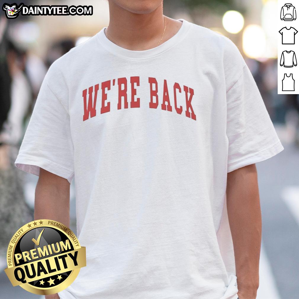 Top We'Re Back Red Letter T-Shirt featuring bold red lettering on a stylish black fabric, perfect for casual wear.