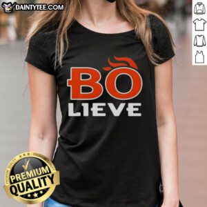 Alt Text: Awesome Bo Nix Bo-Lieve Denver Broncos football ladies tee featuring vibrant graphics and a stylish fit for fans.