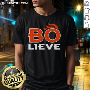 Awesome Bo Nix Bo-Lieve Denver Broncos Football T-Shirt featuring bold graphics and vibrant colors for fans.
