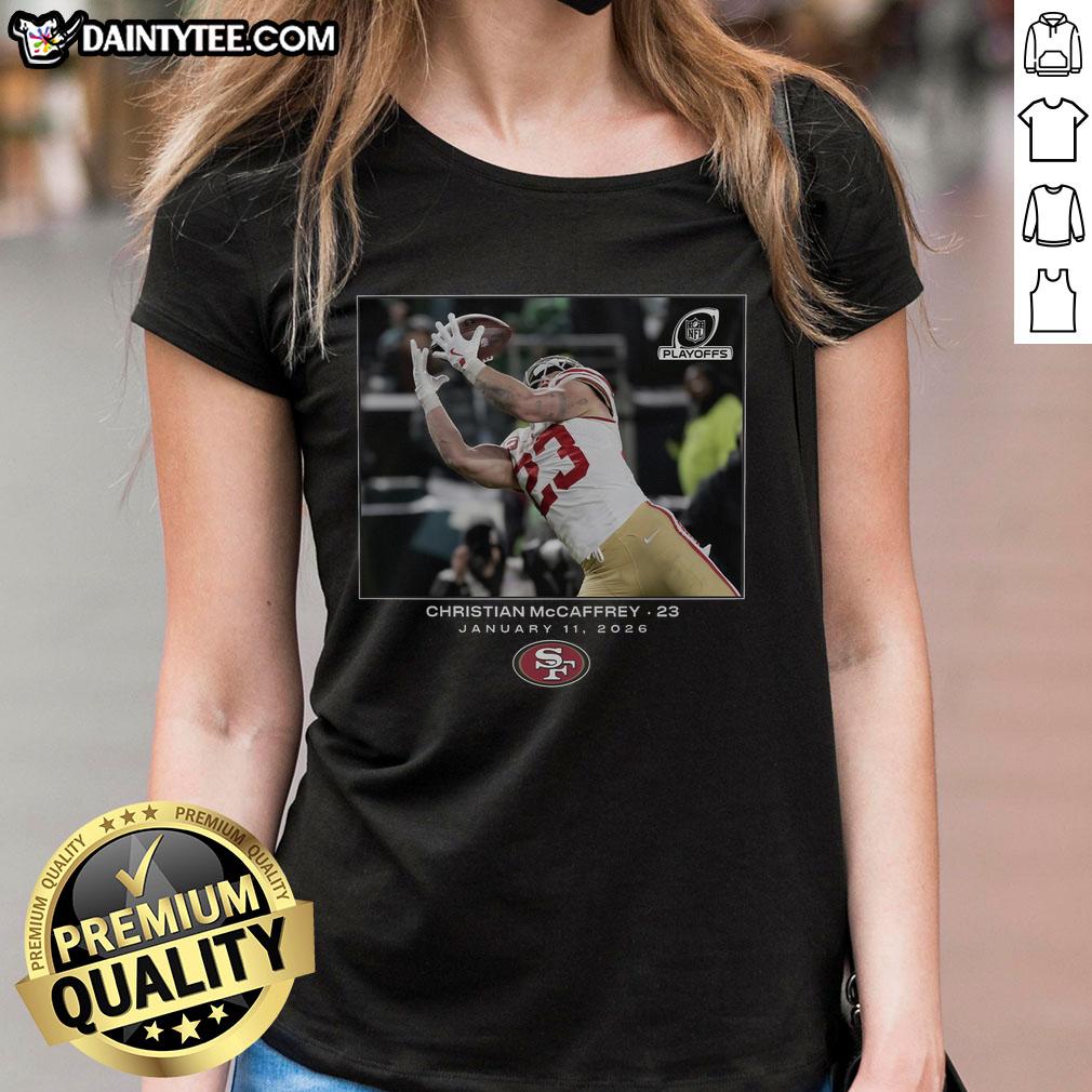 Awesome Christian McCaffrey San Francisco 49ers NFL Flash Features Wild Card Ladies Tee in vibrant design.