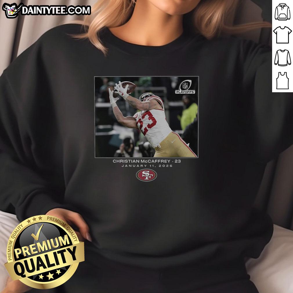 Awesome Christian McCaffrey San Francisco 49ers NFL Flash Features Wild Card Sweatshirt in vibrant team colors.
