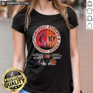 Awesome Cincinnati Bearcats and Bengals helmet logo mashup on a women's tee for game day style.