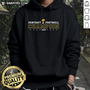 Awesome Fantasy Football Champion 2025 shield trophy emblem hoodie showcasing a bold design for football fans.