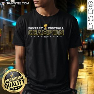 Awesome Fantasy Football Champion 2025 shield trophy emblem on a stylish t-shirt for sports fans and players.