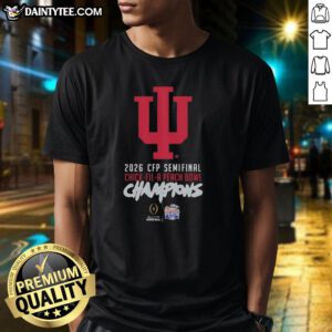 2026 Indiana Hoosiers CFP Semifinal Chick-fil-A Peach Bowl Champions T-shirt featuring bold team graphics.
