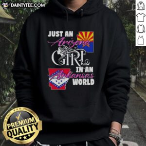 Arizona girl in an Arkansas world hoodie, showcasing a stylish and unique graphic design in a casual setting.