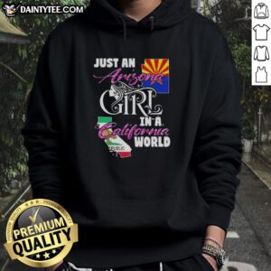 Awesome Arizona girl in a California world hoodie, showcasing a stylish design against a sunny outdoor backdrop.