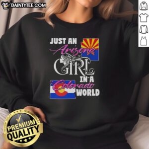 Alt Text: Arizona girl in a Colorado world sweatshirt, showcasing a stylish blend of state pride and cozy fashion.