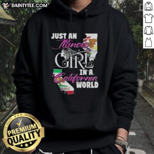 Illinois girl wearing a California world hoodie, showcasing a stylish blend of Midwestern and West Coast fashion.