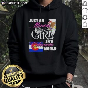 Illinois girl wearing a Colorado-themed hoodie, showcasing her style and love for the outdoors in a vibrant setting.