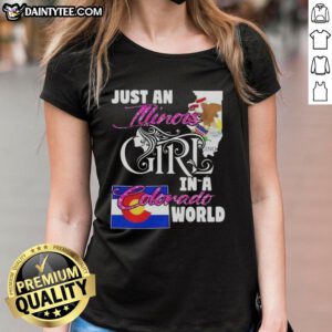 Alt Text: Illinois girl in Colorado world ladies tee, showcasing a stylish design perfect for proud Illinois residents.