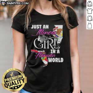 Illinois girl in Florida world wearing 'Awesome Just An Illinois Girl' ladies tee, showcasing stylish casual fashion.