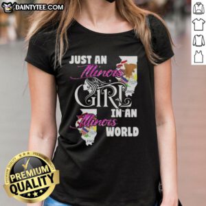 Awesome Illinois girl in a stylish Illinois world ladies tee, showcasing state pride and trendy fashion.