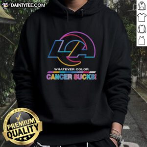 Alt Text: Los Angeles Rams hoodie featuring colorful design and 'Cancer Sucks' logo, perfect for football fans and supporters.