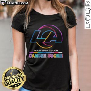 Los Angeles Rams football tee featuring colorful 'Cancer Sucks' logo, perfect for fans supporting a great cause.