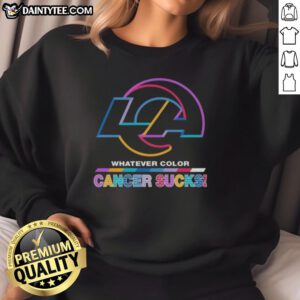 Colorful Los Angeles Rams sweatshirt featuring 'Cancer Sucks' logo, perfect for fans supporting a great cause.
