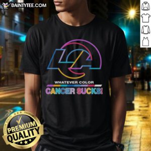 Awesome Los Angeles Rams Football T-Shirt featuring colorful 'Cancer Sucks' logo design, perfect for fans and supporters.