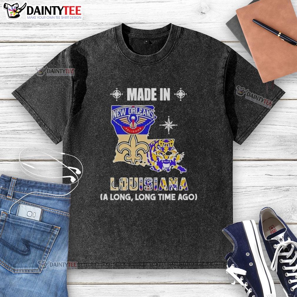 Awesome Made In Louisiana A Long Long Time Ago State Mashup Logo on a washed t-shirt for casual wear