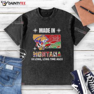 Awesome Made In Montana Long Time Ago state mashup logo on a teams washed t-shirt, showcasing local pride.