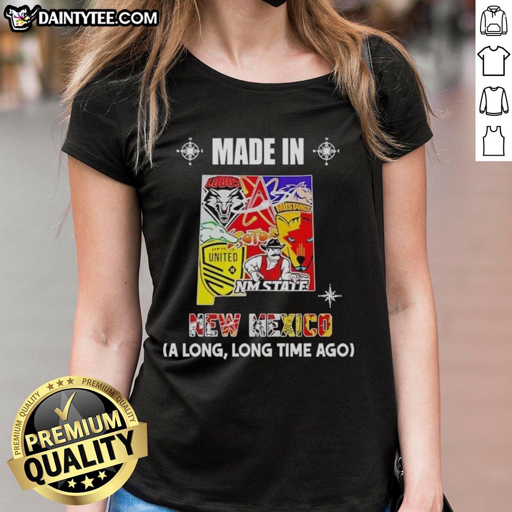 Alt Text: Awesome Made In New Mexico A Long Time Ago State Mashup Logo on a Ladies Tee, perfect for local pride.