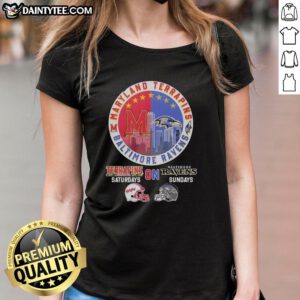 Awesome Maryland Terrapins and Baltimore Ravens helmet logo mashup on a ladies tee for game day style.
