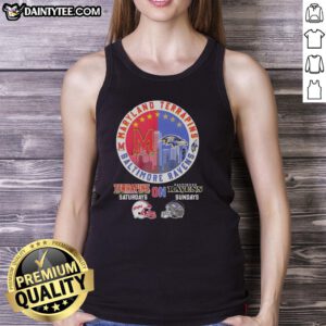Alt Text: Awesome Maryland Terrapins and Baltimore Ravens helmet logo mashup tank top design for sports fans.