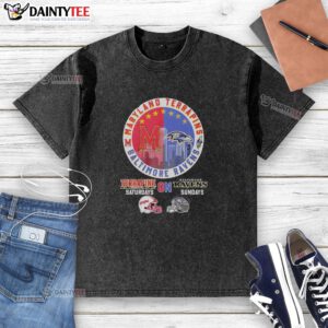 Alt Text: Maryland Terrapins and Baltimore Ravens helmet logo mashup on a washed t-shirt, perfect for game day.