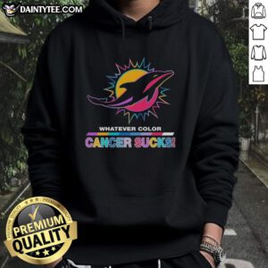 Miami Dolphins football hoodie featuring colorful design and 'Cancer Sucks' logo, perfect for fans and supporters.