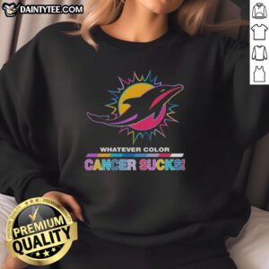 Alt Text: Awesome Miami Dolphins sweatshirt featuring colorful cancer awareness logo and sports design, perfect for fans.