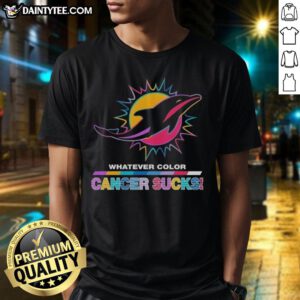 Awesome Miami Dolphins Football T-Shirt featuring colorful 'Cancer Sucks' logo design, perfect for fans and awareness.